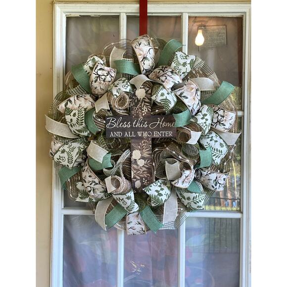 Bless this Home Wood Cross Sign & Ribbon Bundle Set, DIY Wreath Making Kit Box - Picture 1 of 6